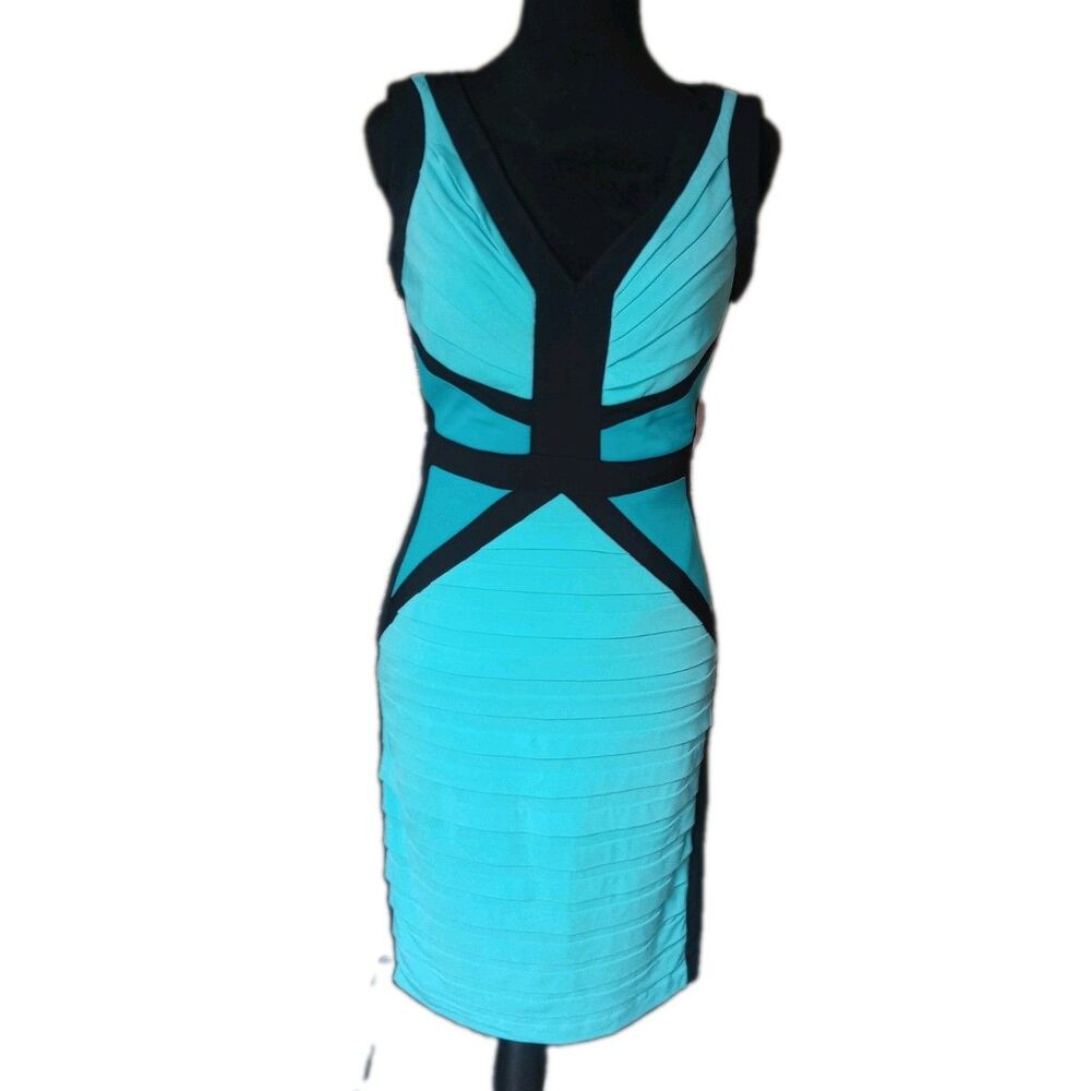 Cache Womens 2 Teal & Black Colorblock Paneled Bodycon Mini Dress Vtg